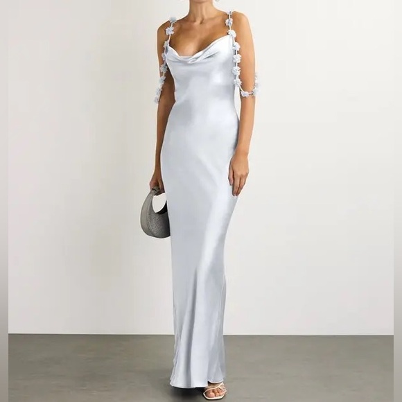 SELF-PORTRAITSatin Flower Maxi Dress in Pale Blue
